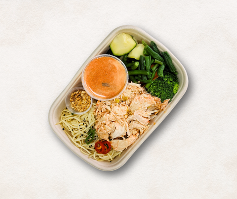 Bang bang chicken with egg noodles, a macro-tracked Jetlagged Chef meal