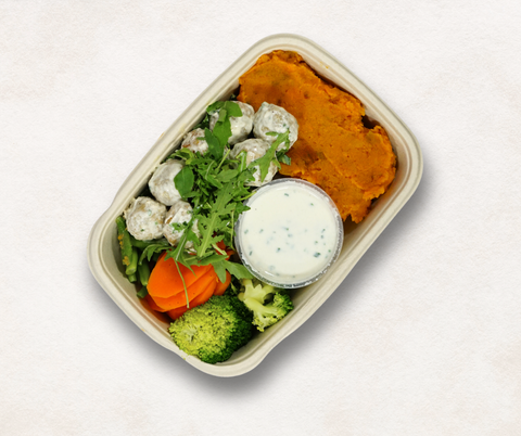 Creamy chive meatballs with sweet potato mash, a macro-tracked Jetlagged Chef meal