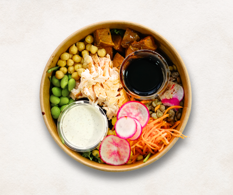 Salmon power bowl with black rice, a macro-tracked Jetlagged Chef meal