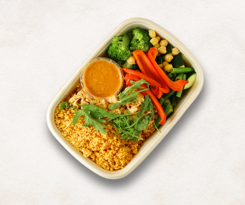 Tandoori chicken with couscous, a macro-tracked Jetlagged Chef meal packed for delivery in Dubai